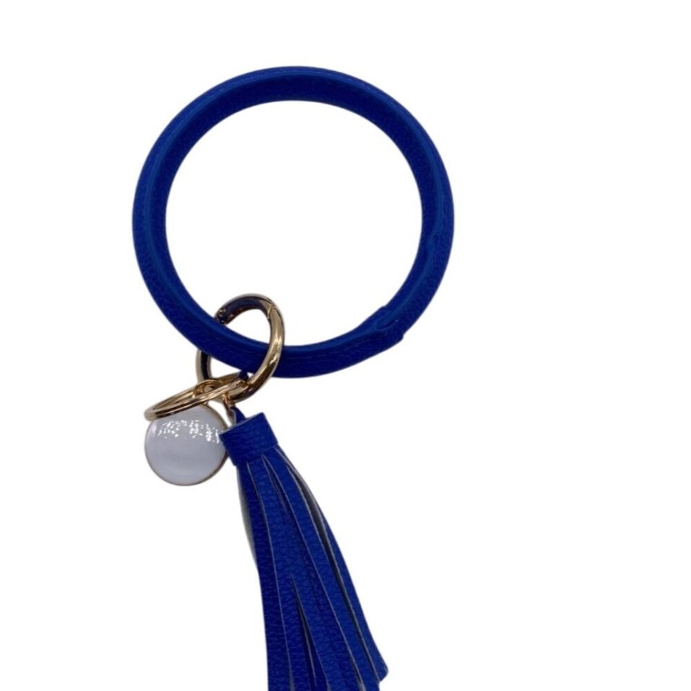 Royal Blue Leather Bangle Keychain With Tassel Gold Charm & Rings‎ Wristlet
